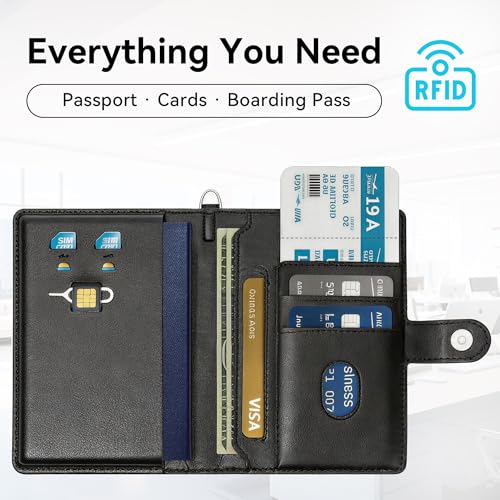 Passport Holder for Travel, RFID Blocking Card Wallet, Apple MFi Certified Smart Passport Cover Works with Find My, Rechargeable Travel Wallet with Lanyard, PU Leather, Black - color: Black, size: Find My-A