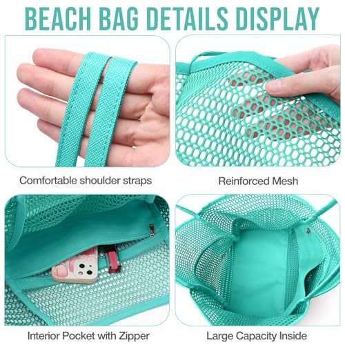 KPX Beach Bag with Mini Pocket, Summer Beach Tote Bags for Women Large Foldable Mesh Swimming Pool Travel Bags - Sandproof - color: Teal