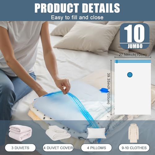 10 Jumbo Vacuum Storage Bags, Vacuum Seal Bags for Clothing Space Saver Compression Storage Bag with Hand Pump Extra Large for Clothing Travel Comforters Blankets Pillow Bedding Duvets Clothes