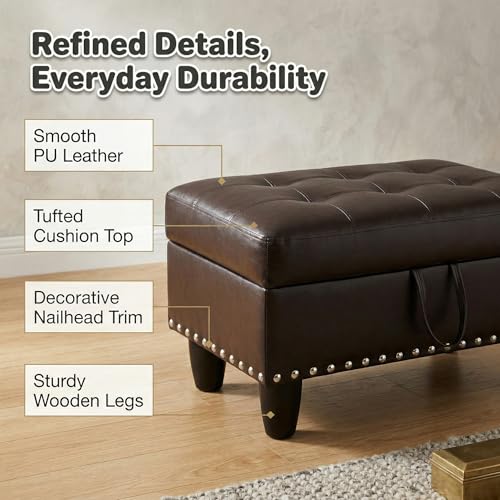 28.5 Inch Storage Ottoman Bench with Hidden Storage, PU Leather Upholstered Foot Rest Stool, Tufted End of Bed Bench for Bedroom Living Room, Easy to Clean, Linen Brown - color: Dark Brown