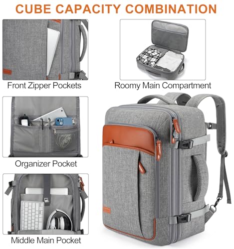 Lumesner Carry on Travel Backpacks, Extra Large 40L Flight Approved Bag for Men & Women,Expandable Suitcase Backpack With 4 Packing Cubes,Water Resistant Luggage Daypack Business Weekender Bag, Grey - color: Grey