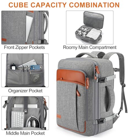 Lumesner Carry on Travel Backpacks, Extra Large 40L Flight Approved Bag for Men & Women,Expandable Suitcase Backpack With 4 Packing Cubes,Water Resistant Luggage Daypack Business Weekender Bag, Grey - color: Grey