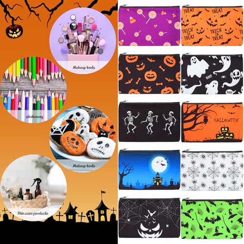 Eccliy 20 Pcs Halloween Makeup Bag Scary Ghost Bat Skull Cosmetic Bag Canvas Gifts for Girls Toiletry Pouch with Zipper for Women Team Party - size: 8 x 5 Inch, style: Ghost