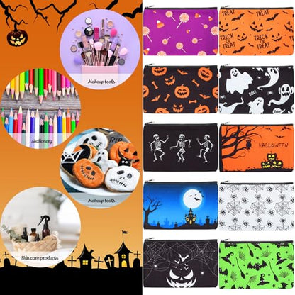 Eccliy 20 Pcs Halloween Makeup Bag Scary Ghost Bat Skull Cosmetic Bag Canvas Gifts for Girls Toiletry Pouch with Zipper for Women Team Party - size: 8 x 5 Inch, style: Ghost