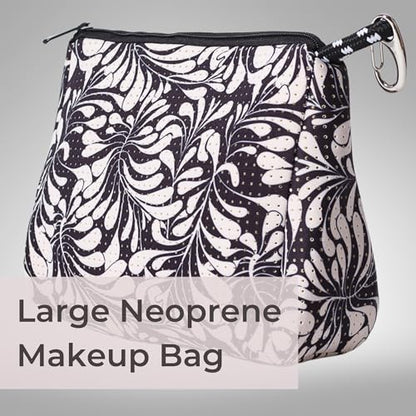 POPUPS Large Makeup Bag with Zipper - Waterproof Neoprene Cosmetic Bag 7.7 x 10.75 x 5 inches - color: Print Palm Dreams Black