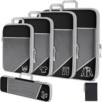 6Pcs Compression Packing Cubes Set, Waterproof Travel Luggage Organizer with Drawstring Bag, Lightweight Nylon Suitcase Storage Bags for Travel Camping Business Trip - color: Black