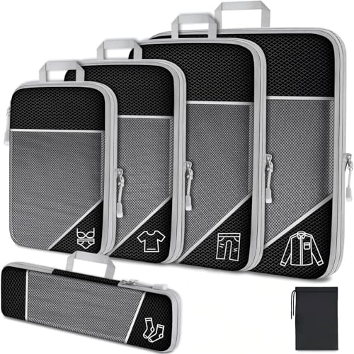 6Pcs Compression Packing Cubes Set, Waterproof Travel Luggage Organizer with Drawstring Bag, Lightweight Nylon Suitcase Storage Bags for Travel Camping Business Trip - color: Black