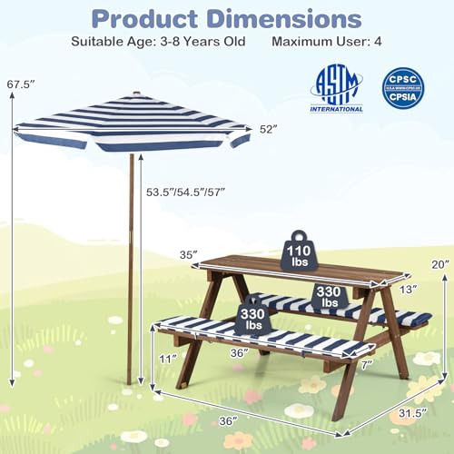 Costzon Kids Picnic Table, Wooden Toddler Outdoor Table & Bench Set with Removable Umbrella & Cushions, Stripe Fabric, Kids Outdoor Furniture for Patio Backyard Garden, Fits 4 Children Age 3+ (Navy)