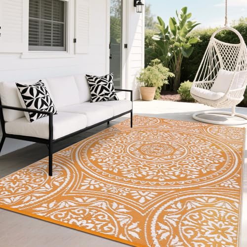 GarveeHome Large Waterproof Outdoor Rug 9x18 Reversible Floral Plastic Straw Rug, Durable UV Resistant Outdoor Carpet, Portable RV Camper Picnic Mat with Stakes & Carry Bag for Yard Poolside, Orange - color: Flower Orange/White, size: 9' x 18' (Rectangula