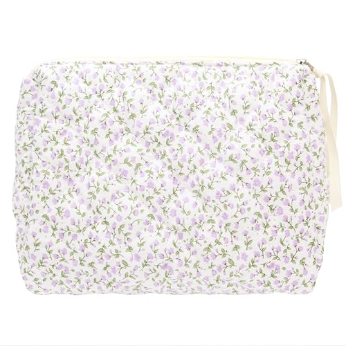 PAZIMIIK Quilted Makeup Bag Large Travel Zipper Soft Cosmetic Pouch for Women Girls Make Up,Floral Purple - color: Floral Purple, size: 1 PCS Pouch