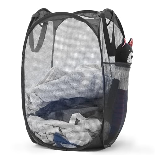 TECHMILLY Upgraded 105L Collapsible Mesh Pop Up Laundry Hamper with Sturdy Handles and Side Pocket - Portable Foldable Clothes Baskets for Dorm, Bathroom & Travel Storage (Black Plus) - color: Black Plus, size: 1 Pack