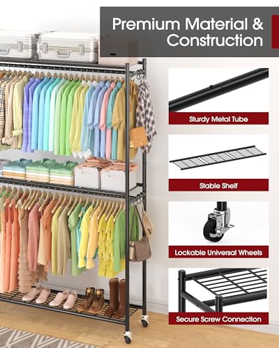 Sakugi Clothes Rack - 45.2" x 12.2" x 79.5" Clothing Rack with Shelves & Wheels, Multi-Functional Wardrobe Closet with Hooks, Sturdy Metal Garment Rack for Bedroom, Laundry, Balcony (Black) - color: Black, size: X-Large