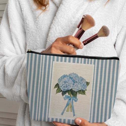 Blue Hydrangea Makeup Bag, Coquette Blue Bow Floral Cosmetic Bags Gifts for Women, Preppy Girly Striped Portable Travel Toiletry Bag Zipper Makeup Pouch - color: Flower two