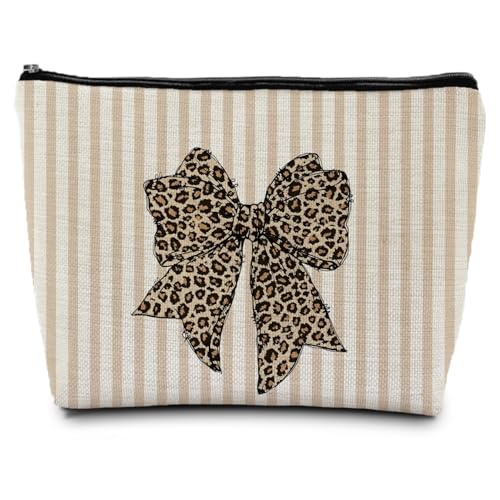 Leopard Coquette Bow Makeup Bag, Coquette Bow Gifts Supplies Cosmetic Bags for Women, Leopard Cheetah Bow Print Striped zipper Makeup Pouches for Purse - color: Striped Bow