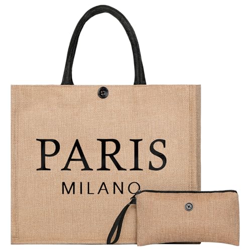 Trifabricy Beach Bag for Women, Woven Straw Beach Tote Bag Waterproof, Weaving Swim Gym Shopping Travel Bags with Button - color: Classic-paris