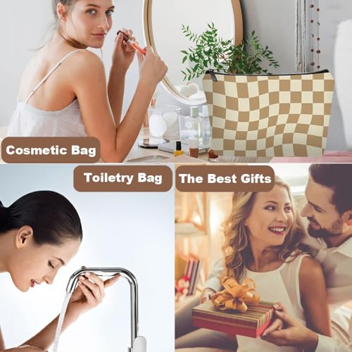 Light Brown Checkered Gifts for Women Unique Brown Plaid Travel Makeup Bag Set with Mirror, Cosmetic Pouch Set for Checkered Lovers & Mom - color: Checkered Light Brown-2S