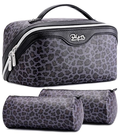BOYATU Travel Makeup Bag Organizer: 3 Pcs Set Leopard Make up Bag for Women | Vegan Leather Cosmetic Bags with Compartments - Waterproof Toiletry Bag - 180° Open-Flat Make up Case for 3-15 Day Trips - color: 04-Purple
