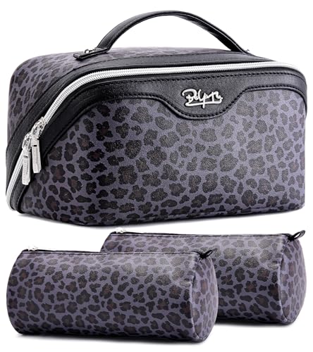 BOYATU Travel Makeup Bag Organizer: 3 Pcs Set Leopard Make up Bag for Women | Vegan Leather Cosmetic Bags with Compartments - Waterproof Toiletry Bag - 180° Open-Flat Make up Case for 3-15 Day Trips - color: 04-Purple
