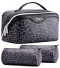 BOYATU Travel Makeup Bag Organizer: 3 Pcs Set Leopard Make up Bag for Women | Vegan Leather Cosmetic Bags with Compartments - Waterproof Toiletry Bag - 180° Open-Flat Make up Case for 3-15 Day Trips - color: 04-Purple