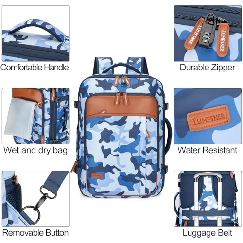 Lumesner Carry on Travel Backpacks, Extra Large 40L Flight Approved for Men & Women,Expandable Suitcase backpack (Camouflage Blue(Backpack With 4 Packing Cubes)) - color: Camouflage Blue