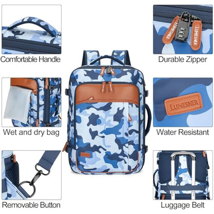 Lumesner Carry on Travel Backpacks, Extra Large 40L Flight Approved for Men & Women,Expandable Suitcase backpack (Camouflage Blue(Backpack With 4 Packing Cubes)) - color: Camouflage Blue