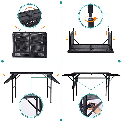 Nice C Folding Grill Table, Camping Tailgate Metal Table, 2 Tier Mesh Grill Station, with Metal Folding Adjustable Height&Width, Mesh Net, Carry Handle, for Outdoor