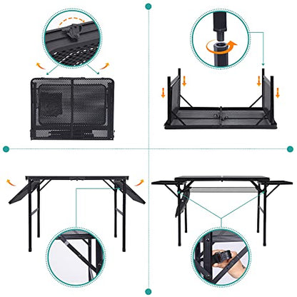 Nice C Folding Grill Table, Camping Tailgate Metal Table, 2 Tier Mesh Grill Station, with Metal Folding Adjustable Height&Width, Mesh Net, Carry Handle, for Outdoor