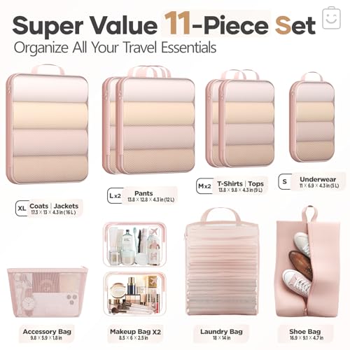 Veken 11-Pack Compression Packing Cubes for Travel Essentials,Compressible Expandable Large Luggage Suitcase Organizer Bags for Clothing,Durable Space Saver Bags with Toiletry Bags(Beige) - color: Beige, size: 11 set