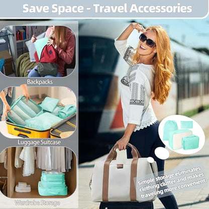 10 Pcs Set Packing Cubes - Travel Packing Organizers, Expandable Suitcase Organizer, Luggage Organizer Bags - color: BRIGHT CYAN