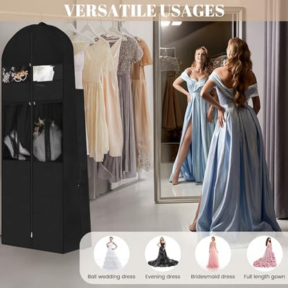 Wedding Dress Garment Bag,72" Tri-Fold Bridal Gown Bag with 6 Pouches and Adjustable Buckle Gown Cover for Wedding/Prom/Travel/Closet Storage (Black) - color: Black