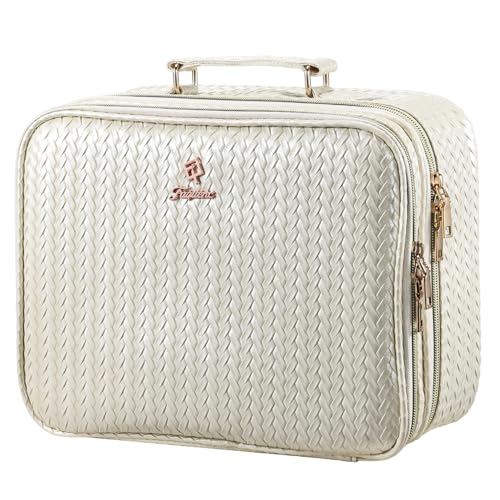 Faquenc Makeup Bag with LED Lighted Mirror 12.2 IN Cosmetic Train Case Double Layer Makeup Case Adjustable Brightness in 3 Colors Cosmetic Organizer Artist Storage with Brush Holder Vanity Beige - color: Beige