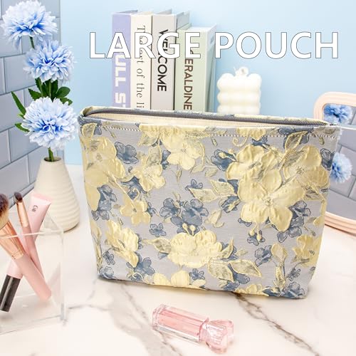PAZIMIIK Makeup Bag Large Cotton Zipper Pouch for Purse Travel Canvas Make Up Organizer for Women Cosmetic,Brocade Blue - color: Brocade Blue Flower