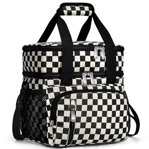 Insulated Lunch Bag for Women, Double Leakproof Lunch Box Soft Cooler Tote with 5 Pockets, 600D Oxford, EVA Lining, Adjustable Strap for Work, Picnic, Beach&Travel- Corduroy Black Checkered - color: Corduroy Black Checkered Pattern, size: Double