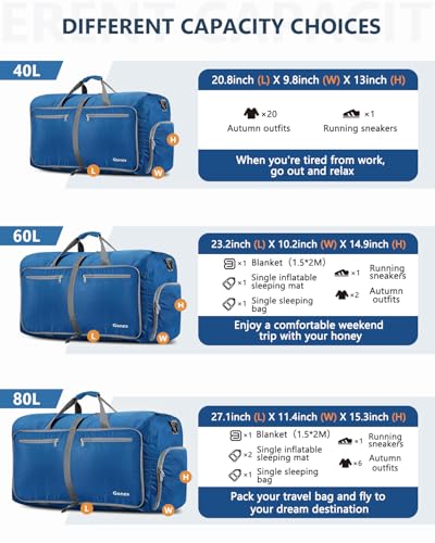 Gonex Large Foldable Travel Duffle Bag with Shoes Compartment, Packable Lightweight Water Repellent Duffel Bag for Camping Gym Weekender Bag - color: Deep Blue, size: 40L