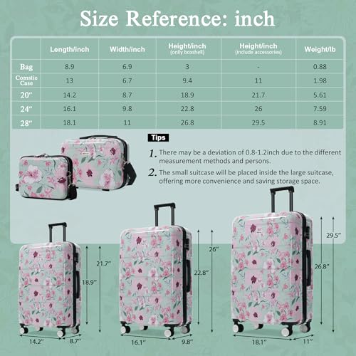 Merax Luggage Set,5 Piece Luggage with Handbag and Cosmetic Case,Harside Printing Suitcase with Wheels,Carry on Luggage Airline Approved(Green Pink Flower,8/14/20/24/28) - color: Green Pink Flower, style: 8/14/20/24/28