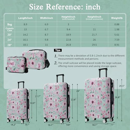 Merax Luggage Set,5 Piece Luggage with Handbag and Cosmetic Case,Harside Printing Suitcase with Wheels,Carry on Luggage Airline Approved(Green Pink Flower,8/14/20/24/28) - color: Green Pink Flower, style: 8/14/20/24/28
