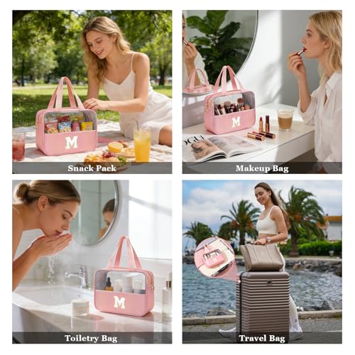 Personalized Initial Clear Makeup Organizer Large 9.13x3.54x6.89 Letter M Pink with Golden Chenille - Waterproof PU Leather Travel Cosmetic Case for Women Teen Girls - color: Pink, style: M