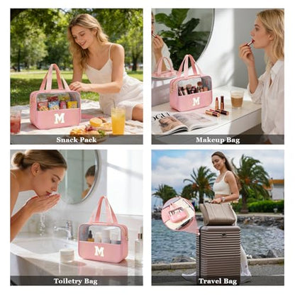 Personalized Initial Clear Makeup Organizer Large 9.13x3.54x6.89 Letter M Pink with Golden Chenille - Waterproof PU Leather Travel Cosmetic Case for Women Teen Girls - color: Pink, style: M