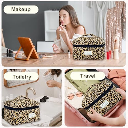 GISMTR 3Pcs Makeup Bag Cotton Quilted Travel Cosmetic Bag Cute Floral Makeup Pouch Large Toiletry Bag for Women Girls - color: Brown leopard print