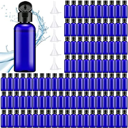 Eccliy 100 Pack 2 oz Plastic Bottles Travel Lotion Bottle Squeeze Container Plastic Bottles with Caps Small Travel Empty Refillable Toiletry Containers for Liquid Lotion Creams with 5 Funnels(Blue) - color: Blue, size: 2 oz