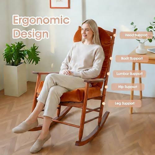 Rocking Chair Cushion Indoor Large Chair Pads Set with Ties Extra Lumbar Pillow Premium Dutch Velvet High Resilience Filler Non-Slip Bottom, Orange