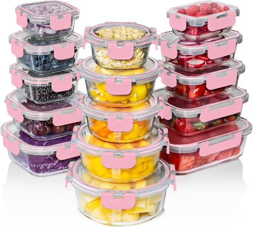 Razab 30 PC Glass Food Storage Containers with Lids - Reusable Glass Meal Prep Containers for Lunch and Leftovers - Airtight & Leakproof Snap Locking Lids - Oven, Freezer, Microwave, Dishwasher Safe - color: Pink