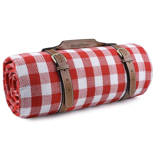 Extra Large Picnic Blanket, 80"x60" Waterproof Sandproof Beach Mat, Soft Foldable Outdoor Camping Mat with PU Carrier, Red White Plaid Portable Mat for Lawn, Grass, Travel & Park