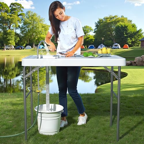 42.5" Fish Cleaning Table with Sink, Folding Camping Table & Fish Cleaning Station with Measure Mark, Camping Sink with Hose Hookup for Outdoor Picnic, Beach, Dock & Patio Use - style: Fish cleaning table