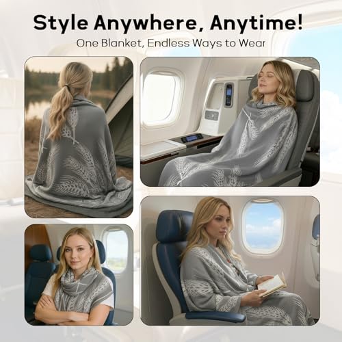 Travel Blanket Airplane - Ultra Soft & Lightweight Knit Design Compact Airplane Blanket,53x72 Inch,Stylish Travel Shawl Wraps for Flights,Office,Home Use,Travel Essentials & Gifts - color: Grey Wheat Print