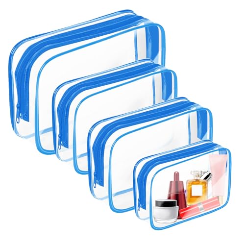 AURUZA Clear Makeup Bag,Portable Travel Toiletry Bags with Zipper, TSA Approved Clear Organizer Bags, PVC Cosmetic Pouch for Airport Airline Compliant (4 Packs Blue) - color: 4 Packs Blue
