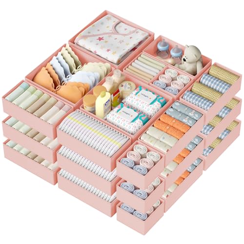 DIMJ Drawer Organizer Clothes Storage - 24 Pack Baby Dresser Organizer for Nursery, Small Fabric Closet Drawer Organizer Bins for Underwears Socks, Foldable Storage Dividers Organization for Bedroom - color: Pink, size: 24 Pack