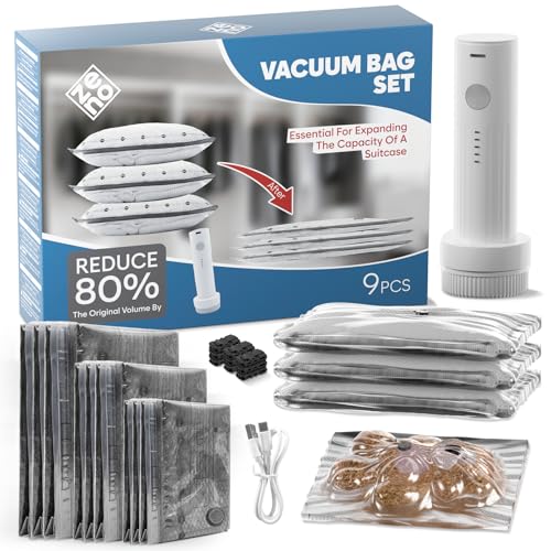 9-Pcs Travel Vacuum Bags with Electric Pump - Vacuum Storage Bags for travel - Space Saver for Clothes - Packing Cubes for Luggage & Suitcases - With Portable Cordless Pump