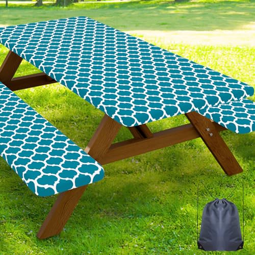 Smiry Picnic Table Cover with Bench Covers, Waterproof Elastic Fitted Tablecloth for 5 Foot Tables, Washable Polyester Tablecloths for Camping, Indoor & Outdoor (Aqua, 30x60 Inch 3-pc Set) - color: Aqua, size: 30"x60"