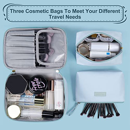 MAANGE Makeup Bag Large Cosmetic Bag with 2pcs Small Makeup Bags Portable Leather Travel Makeup Bag Set Toiletry Bag Make Up Bags for Women and Girls (Blue) - color: Blue
